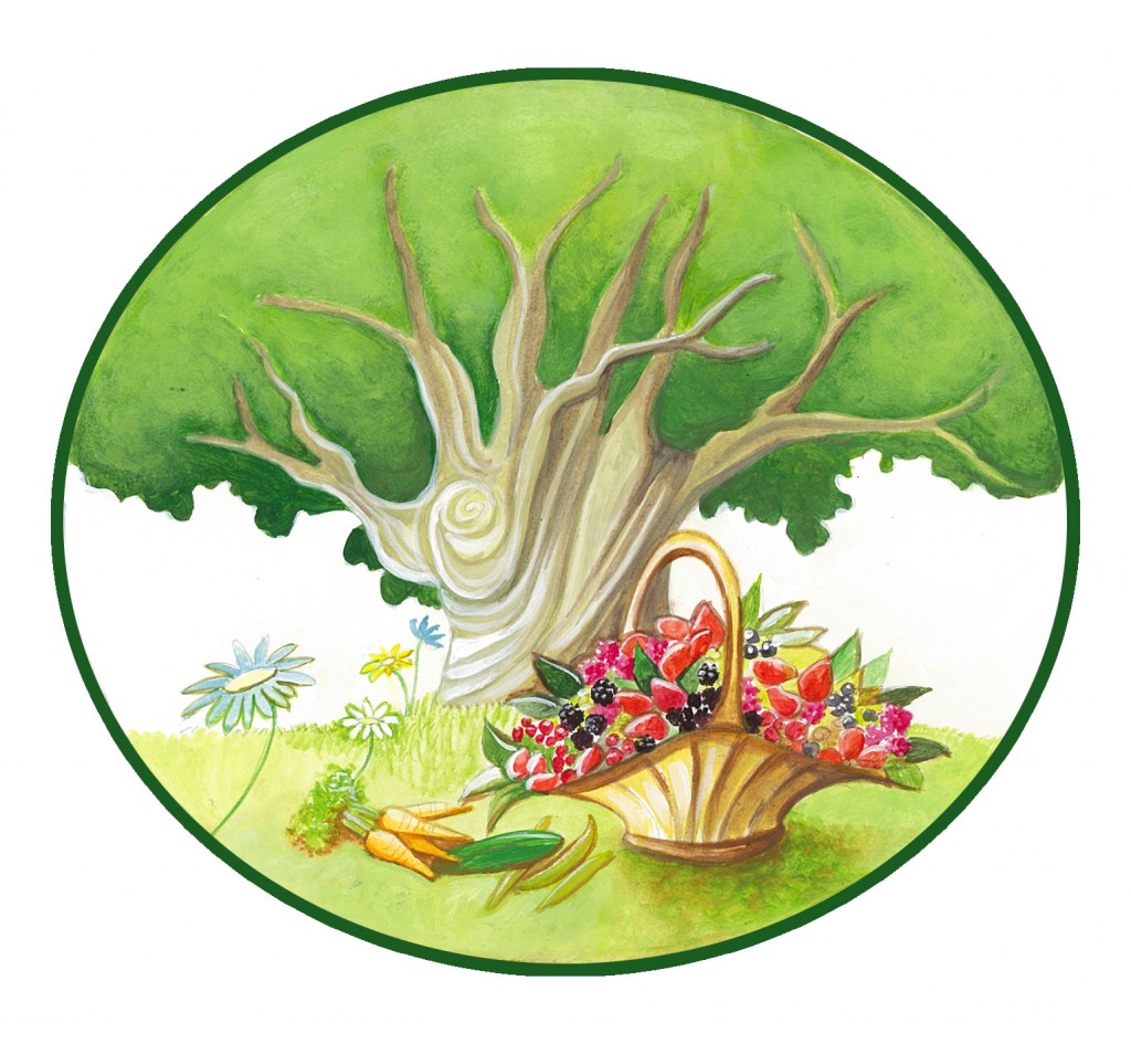 Logo aquarelle des Jardins du Châtaignier : le châtaignier, un panier de fruits rouges et des légumes